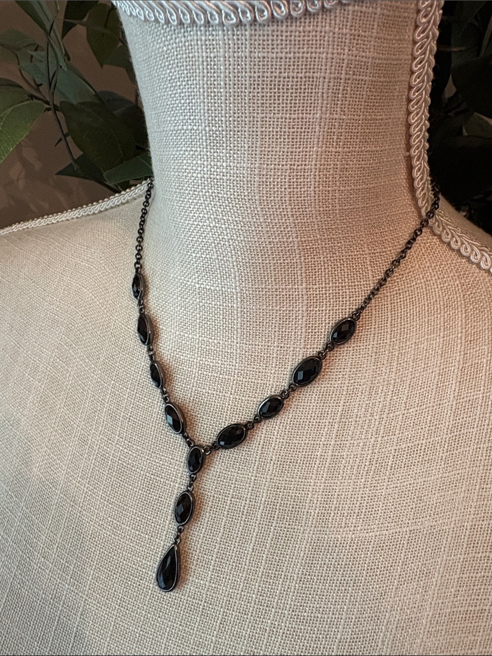 Trifari Black Faceted Y-Drop Necklace